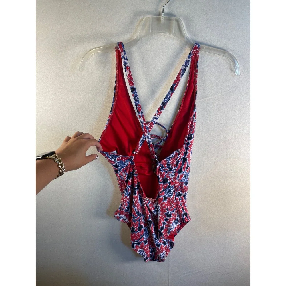 Michael Kors Red Blue‎ Paisley Lace Up One Piece Swimsuit Floral Size 10